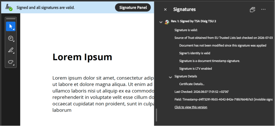 The Adobe Acrobat signature panel showing a document time stamp signed by TSA Disig TSU 2, with the notes that the signature is valid, that the source of trust was obtained from the EU Trusted Lists, and that the document has not been modified since.