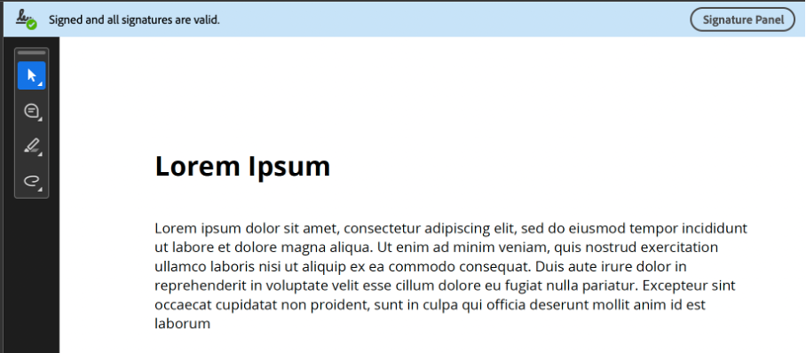 Adobe Acrobat showing a blue bar at the top of the document stating that the file is signed and all signatures are valid.