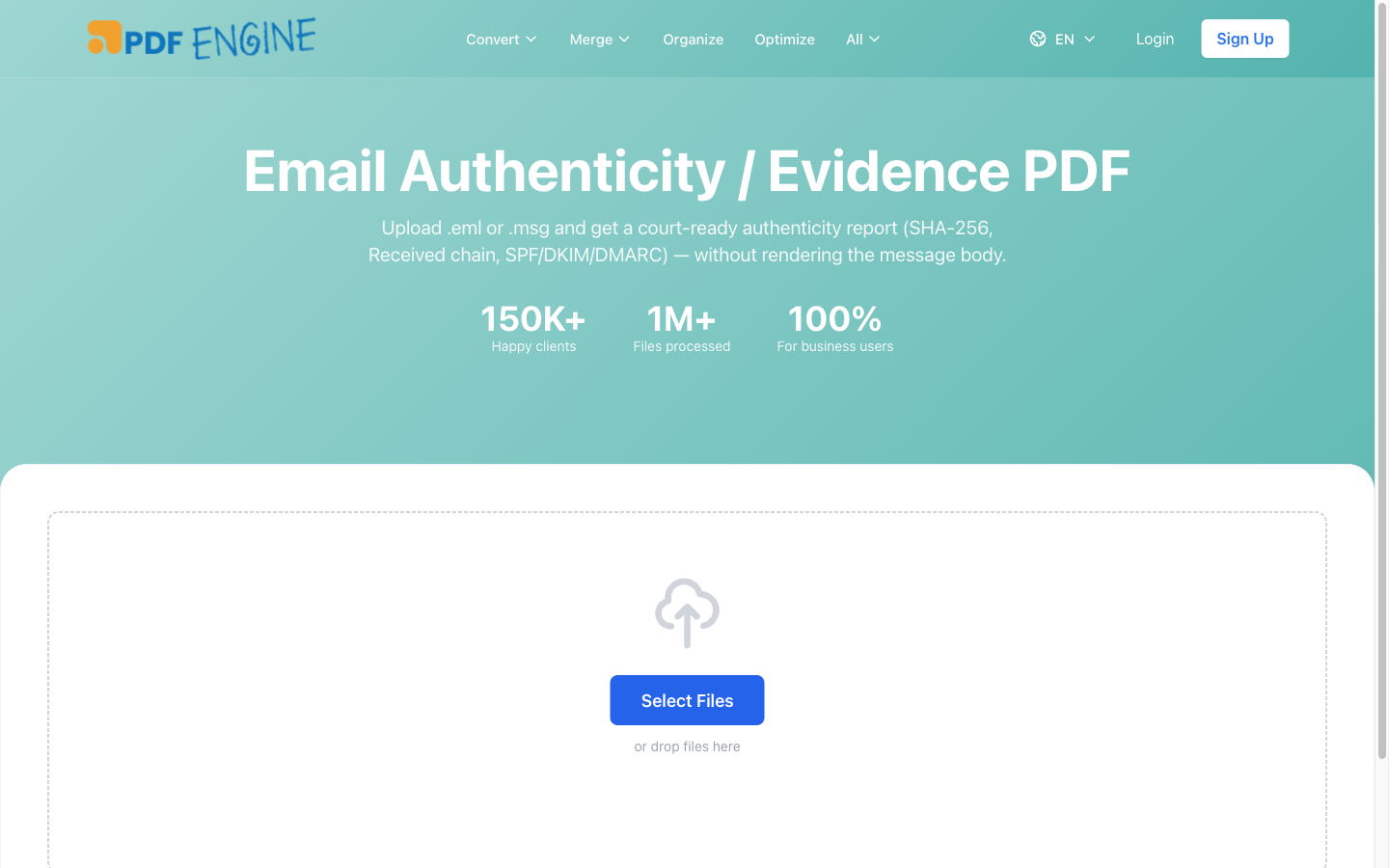 The PDFen email-to-PDF upload screen with the 'Add evidence page' option enabled, showing how to generate an authenticity report.