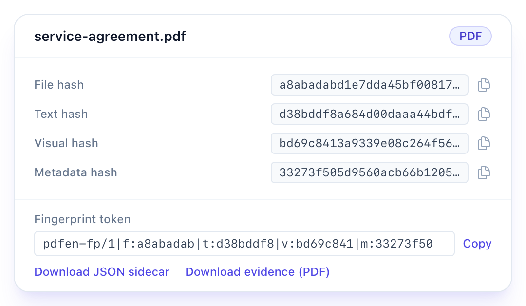 Four separate hashes — file, text, visual and metadata — plus a fingerprint token you can save and re-check later.