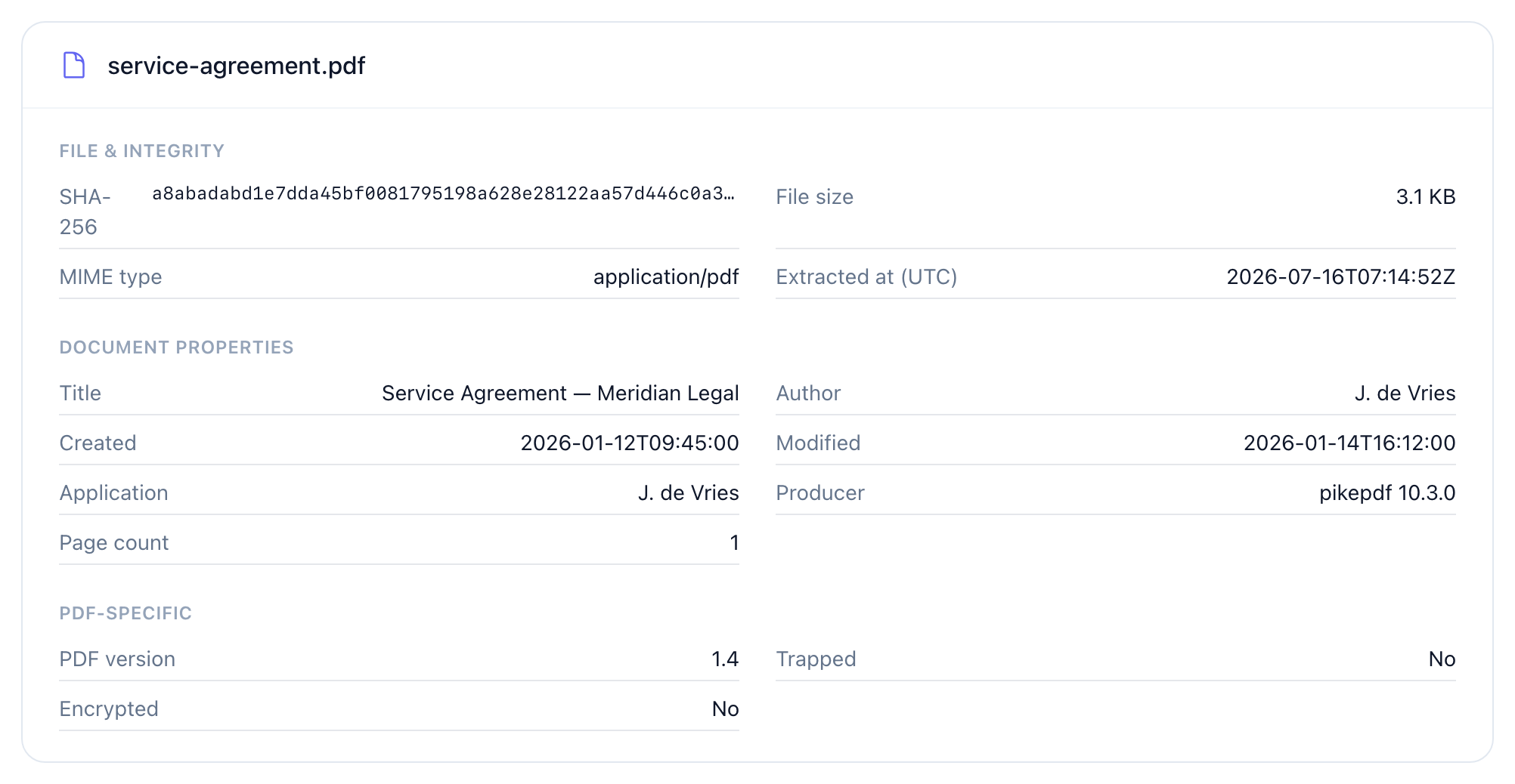 The free metadata viewer reveals what a PDF quietly carries: author, producing software, creation and modification dates, and a SHA-256.