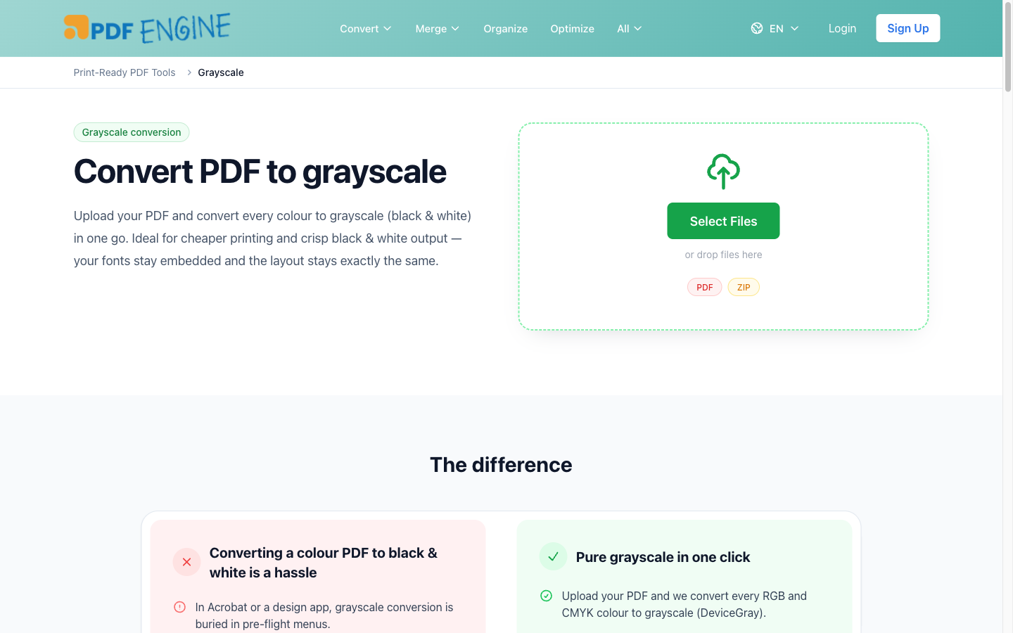 PDFen PDF to grayscale tool showing the upload widget and a description explaining it converts both RGB and CMYK to DeviceGray.