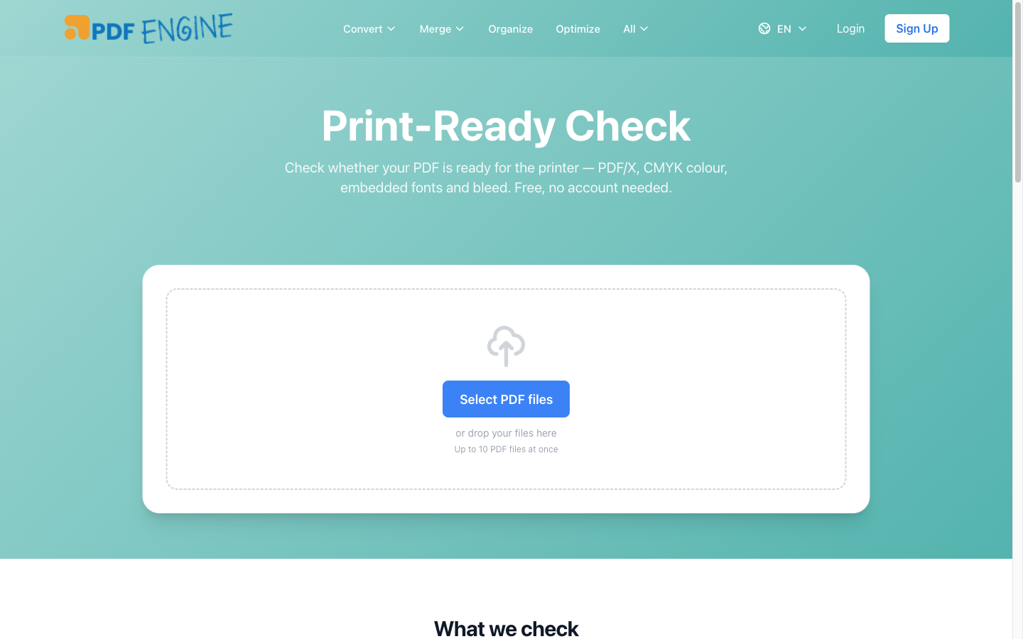 The PDFen print-ready check page showing the upload area and a preflight report with color space, font embedding and PDF/X status fields.