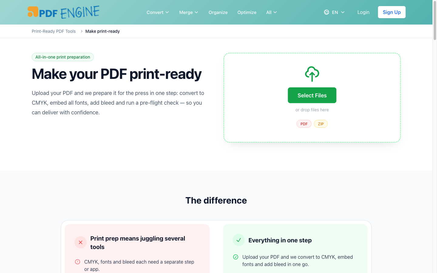PDFen print-ready hub page showing the grayscale tool card alongside add bleed, resize, and imposition tools.