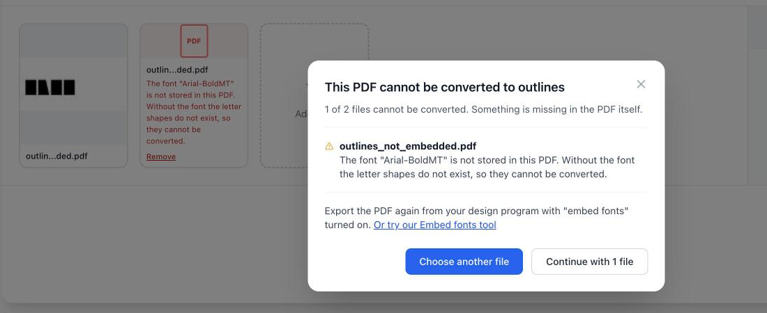 The PDFengine upload page showing a message that one of two files cannot be converted, with the reason