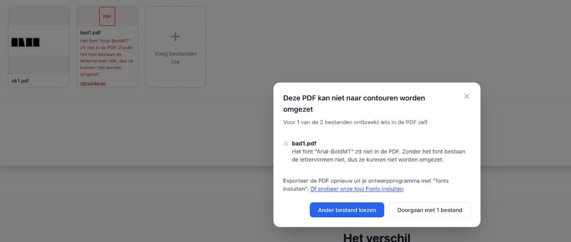 De uploadpagina van PDFengine met een melding dat één van de twee bestanden niet kan worden omgezet, met de reden