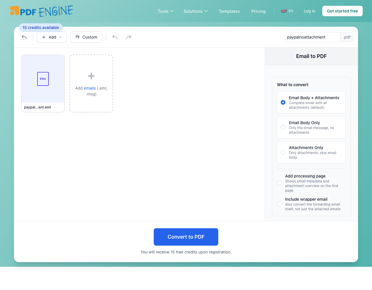 PDFengine email to PDF tool with an EML file uploaded and conversion options visible