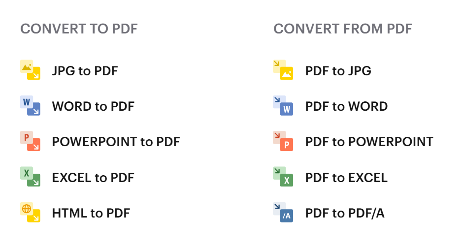 Screenshot of IlovePDF website, where the 10 options for to and from PDF conversion are shown